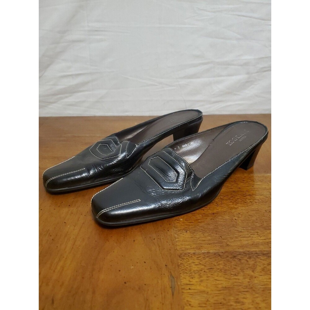 Sesto Meucci Black Leather White Stitching Mule Heel Loafer Shoes Size 9‎